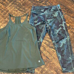 Women’s Fall Workout Outfit Tek Gear 2-Pc Set Army Green Tank (S) Camo Capris M